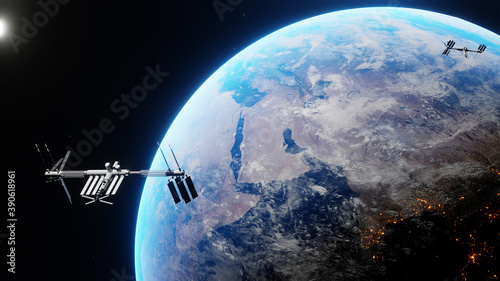 Fototapeta Naklejka Na Ścianę i Meble -  Space shuttle and space station orbiting realistic planet earth. International Space Station revolving over ocean and mainland. Exploration mission. Images from NASA. Rendered 3D illustration