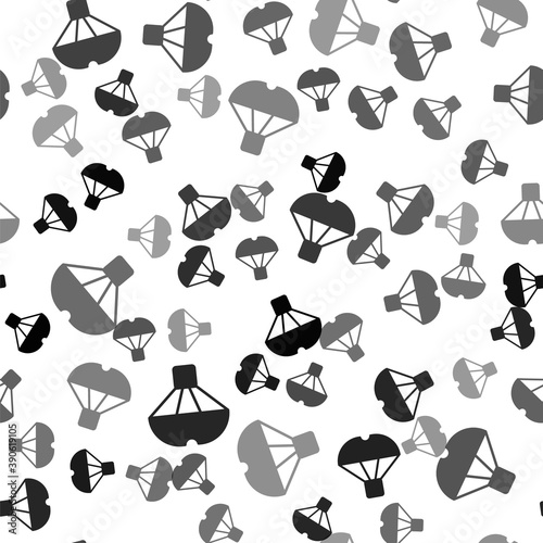 Black Box flying on parachute icon isolated seamless pattern on white background. Parcel with parachute for shipping. Delivery service, air shipping. Vector.