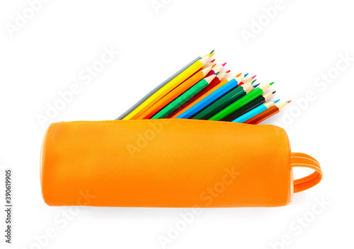 Fotografie, Obraz Full orange pencil case isolated on white background. Top view.