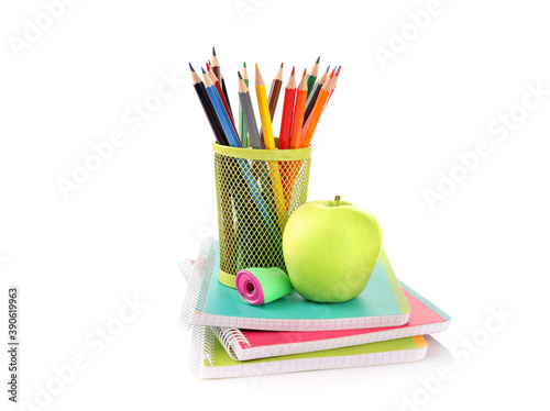 Photos Group of school supplies isolated on white background.