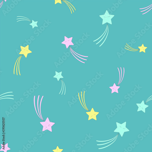 Shooting star vector seamless pattern, cute kawaii star background pattern, scandinavian style, baby dream pattern