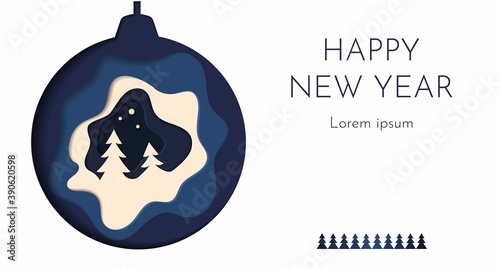 Christmas ball. Card Merry Christmas and Happy New Year. Christmas tree, silver glass balls on blue background