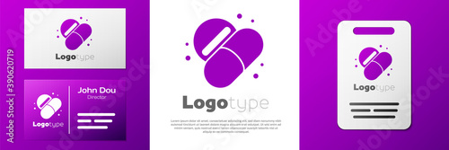 Logotype Medicine pill or tablet icon isolated on white background. Capsule pill and drug sign. Pharmacy design. Logo design template element. Vector.