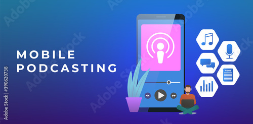 Mobile Podcasting concept, Podcast Radio Services. Man with headphones listens to mobile online streaming application with interview, music program, talk show, financial news and audio blogs