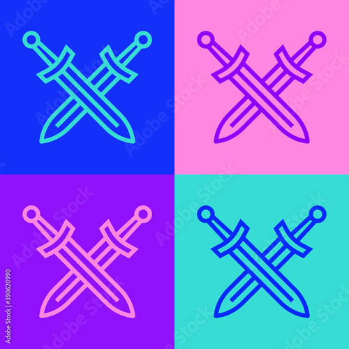 Pop art line Crossed medieval sword icon isolated on color background. Medieval weapon. Vector.