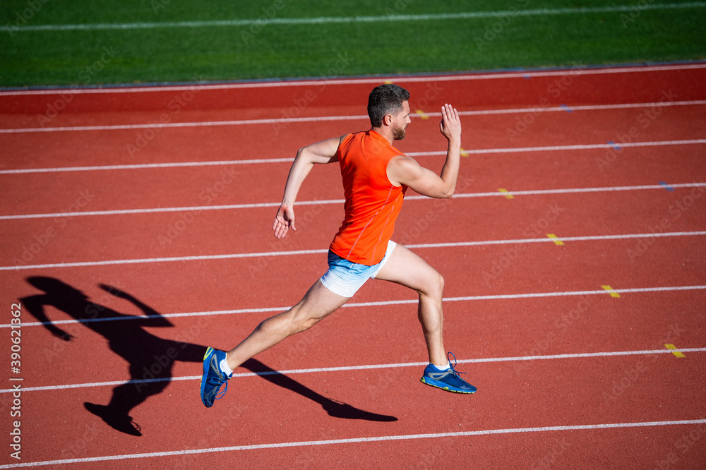 guy sprinter running from start to finish with success and speed, anaerobic load