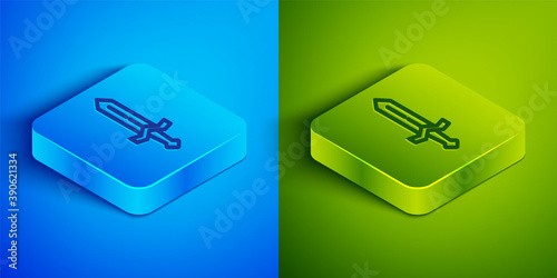 Isometric line Medieval sword icon isolated on blue and green background. Medieval weapon. Square button. Vector.