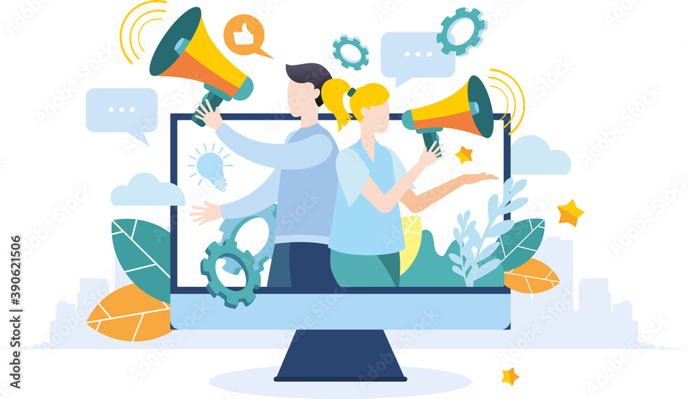 Modern flat illustration. People with a megaphone on TV. Advertising promotion. Drawing attention. A man and a Woman speak through a megaphone.
