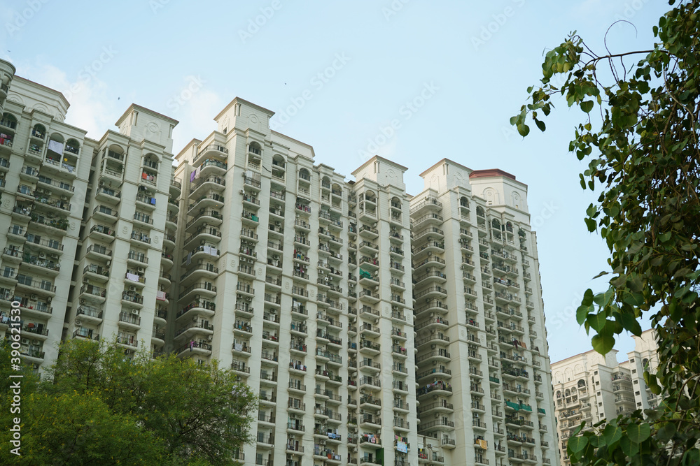 Low angle shot of a high rise newly constructed flats in New Delhi, realestate in india
