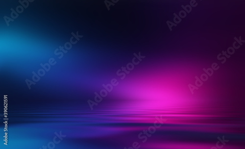 Abstract dark background. Empty street  reflection of neon light on the water. Blurry rays of light. Smoke  fog. 3d illustration