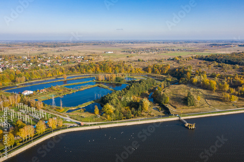 Aerial: The dam near Pravdinsk HPP, Russia, autumn time