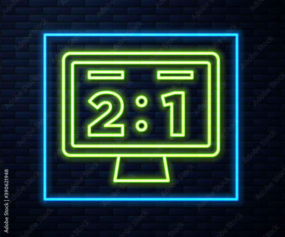 Glowing neon line Sport mechanical scoreboard and result display icon isolated on brick wall background. Vector. Glowing neon line Sport mechanical scoreboard and result display icon isolated on brick wall background. Vector.