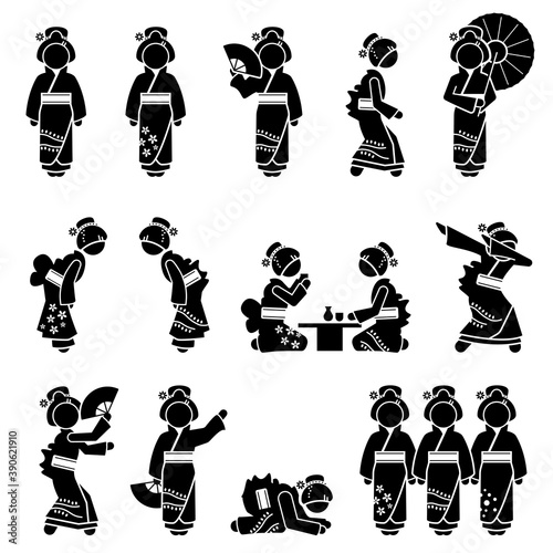 Japan Geisha or Maiko characters, icons, sign, and symbol. Vector illustration of Japanese Geisha standing, walking, bowing, dancing, dabbing, and drinking sake. Geisha holding fan and umbrella.