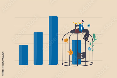 Economic impact by COVID-19 lockdown, GDP and company revenue decrease from global Coronavirus crash concept, sad businessman sitting on bird cage lock with decline bar graph inside and virus pathogen