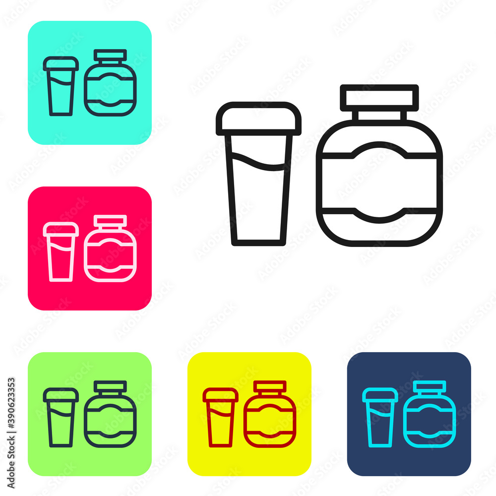 Black line Sports nutrition bodybuilding proteine power drink and food icon isolated on white background. Set icons in color square buttons. Vector.