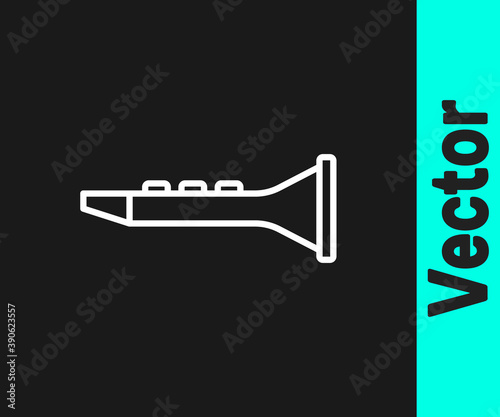 White line Clarinet icon isolated on black background. Musical instrument. Vector.