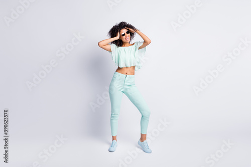Full length body size photo of young beautiful female rest at party holiday isolated on grey color background