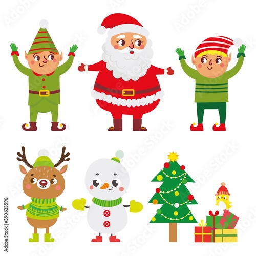 Christmas and New year set. Collection with Santa Claus, elfes helpers, deer and snowman on white background. vector set