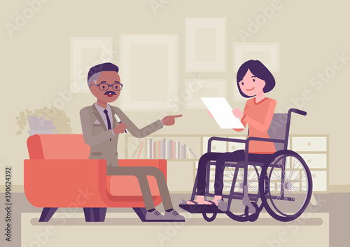 Disability insurance, medical support for disabled wheelchair woman. Sick, injured worker social help and state compensation, information or filing for DI paper. Vector creative stylized illustration