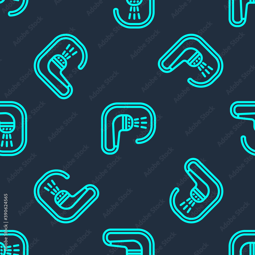 Green line Shower head with water drops flowing icon isolated seamless pattern on blue background. Vector. Green line Shower head with water drops flowing icon isolated seamless pattern on blue background. Vector.