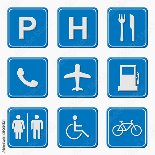 Set of road signs, vector illustration isolated on blue background. Traffic sign concept in different shapes and forms.