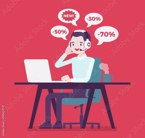 Salesperson cold calling by telephone to potential customer. Male operator, telemarketing assistant advertising, selling spam product useless service for client. Vector creative stylized illustration