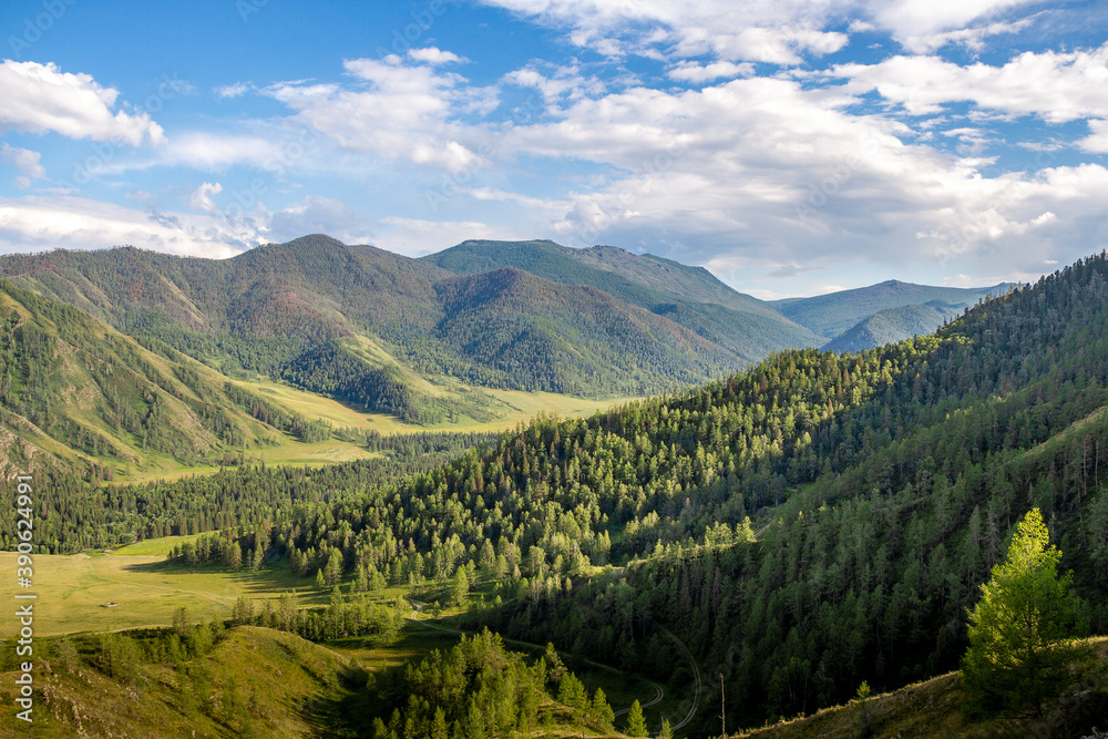Valley in the foothills of Altai, wooded mountain slopes. Against the backdrop of a beautiful sky.