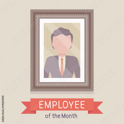 Employee of the month, male photo wall frame template. Profile portrait with empty face zone, EOM reward program for worker in achieving professional excellence. Vector creative stylized illustration