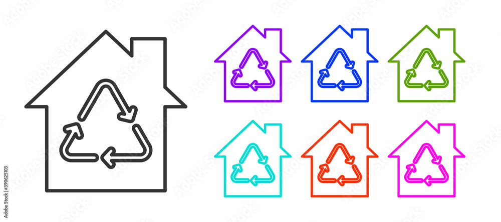 Black line Eco House with recycling symbol icon isolated on white background. Ecology home with recycle arrows. Set icons colorful. Vector. Black line Eco House with recycling symbol icon isolated on white background. Ecology home with recycle arrows. Set icons colorful. Vector.