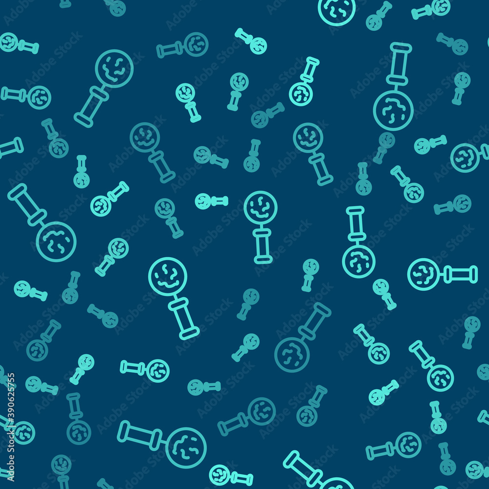 Green line Microorganisms under magnifier icon isolated seamless pattern on blue background. Bacteria and germs, cell cancer, microbe, virus, fungi. Vector. Green line Microorganisms under magnifier icon isolated seamless pattern on blue background. Bacteria and germs, cell cancer, microbe, virus, fungi. Vector.