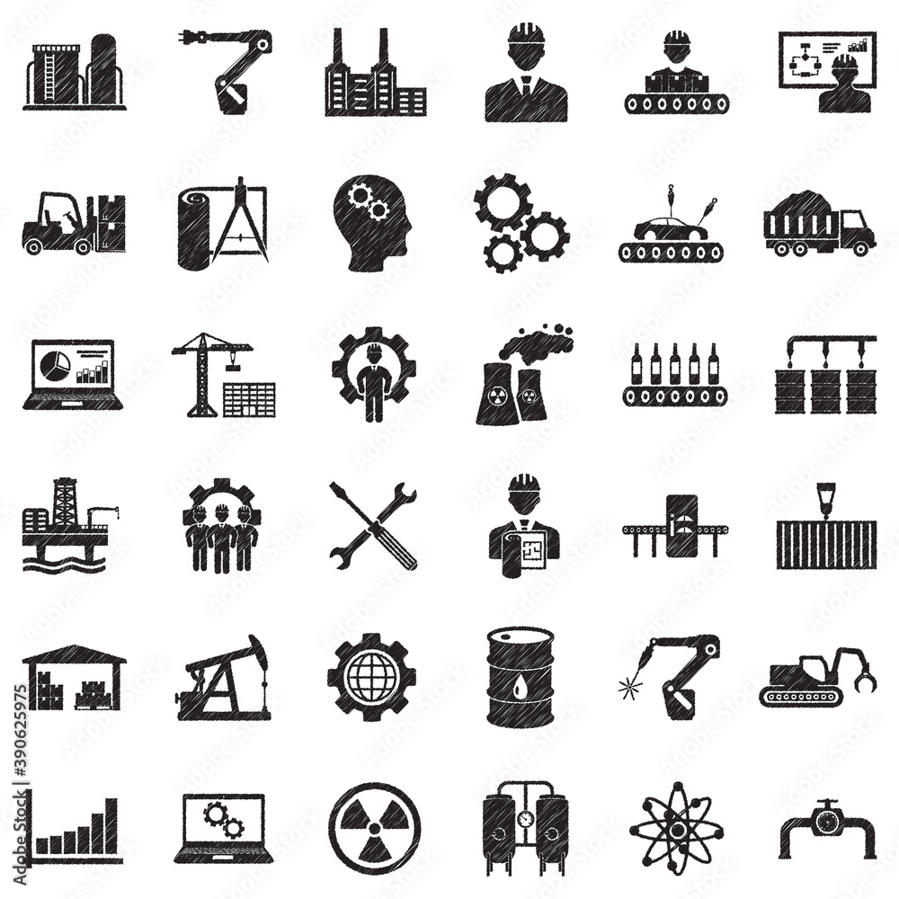 Naklejka premium Industry Icons. Black Scribble Design. Vector Illustration.