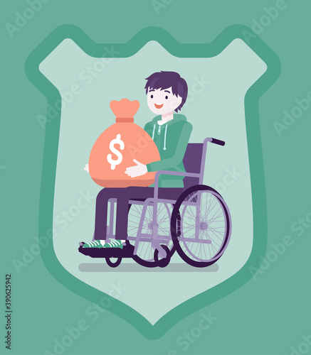 Disability insurance benefit payments for disabled wheelchair man. Person holding dollar money sack, shield background symbol of defense, protection program. Vector creative stylized illustration
