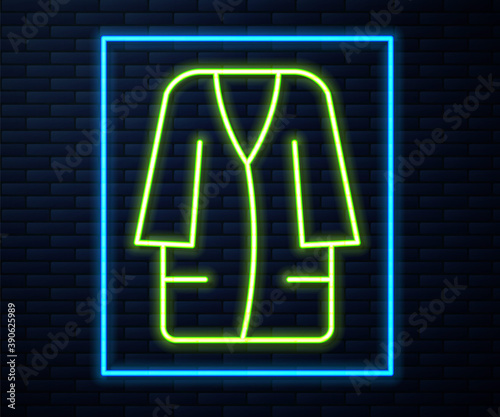 Glowing neon line Bathrobe icon isolated on brick wall background. Vector.