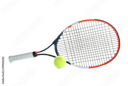 Tennis racket and ball on white background. Sports equipment © New Africa
