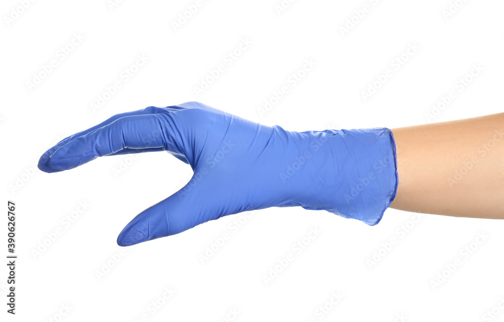 Woman in blue latex gloves holding something on white background, closeup of hand Woman in blue latex gloves holding something on white background, closeup of hand