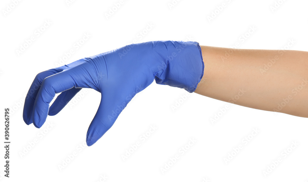 Woman in blue latex gloves holding something on white background, closeup of hand Woman in blue latex gloves holding something on white background, closeup of hand