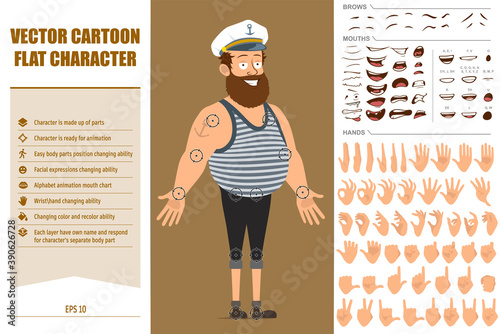 Cartoon flat funny bearded sailor man character in captain hat with tattoo. Ready for animation. Face expressions, eyes, brows, mouth and hands easy to edit. Isolated on brown background. Vector set.