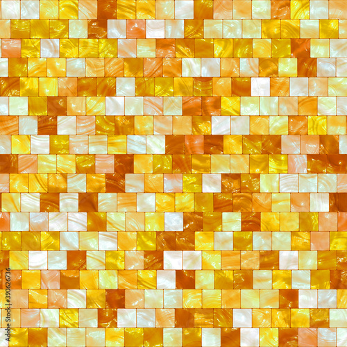 Golden mosaic. Small yellow glass tiles. Ceramic texture. Seamless background.