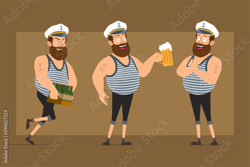 Cartoon flat funny bearded fat sailor man character in captain hat with tattoo. Boy holding beer mugs and carrying box of bottles. Ready for animation. Isolated on brown background. Vector set.