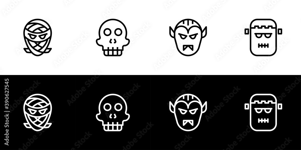Halloween ghost head icon set. Flat design icon collection isolated on black and white background. Mummy, skull, vampire, and frankenstein. Halloween ghost head icon set. Flat design icon collection isolated on black and white background. Mummy, skull, vampire, and frankenstein.