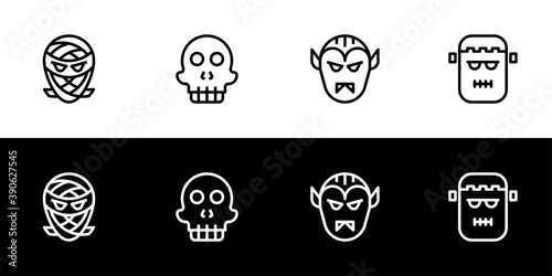 Halloween ghost head icon set. Flat design icon collection isolated on black and white background. Mummy, skull, vampire, and frankenstein.
