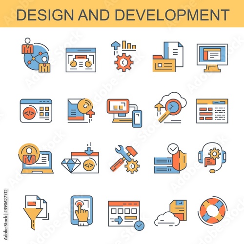 Design and development. Set of vector, colored icons. Set of icons for the site. The set contains icons such as SEO, sitemap, development and other icons.