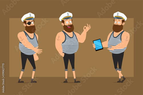 Cartoon flat funny bearded fat sailor man character in captain hat with tattoo. Boy shaking hands, holding tablet and showing okay sign. Ready for animation. Isolated on brown background. Vector set.