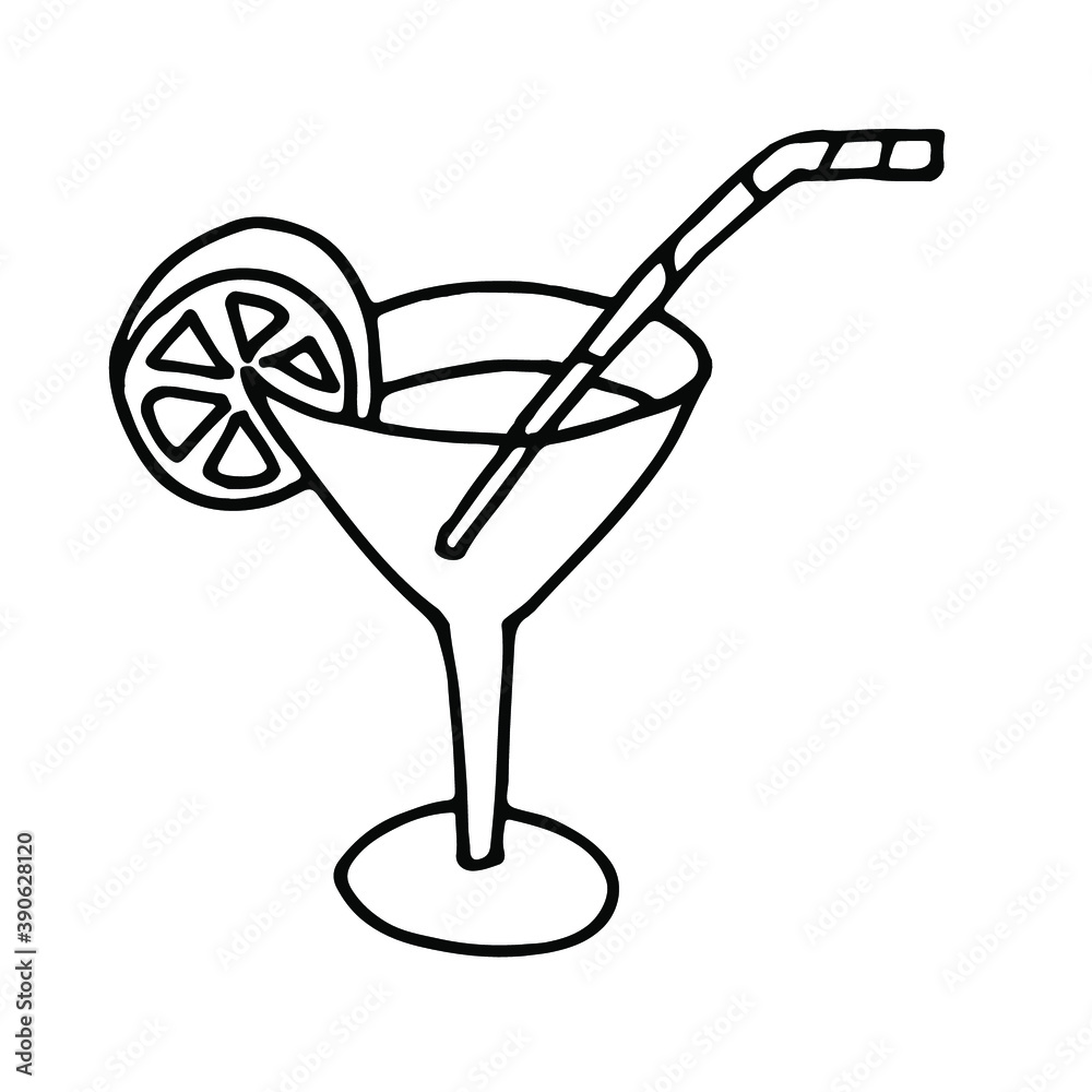 Cocktail hand drawing doodle. Outline drawing. Glass with a drink. Design element. Vector illustration. Cocktail hand drawing doodle. Outline drawing. Glass with a drink. Design element. Vector illustration.