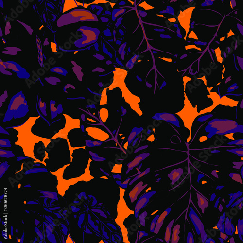 Tropical seamless pattern on animalistic texture. Jungle exotic summer print. Summer tropical leaf. Tropical flower fashion pattern. Floral tropic illustration. Vector seamless pattern.	