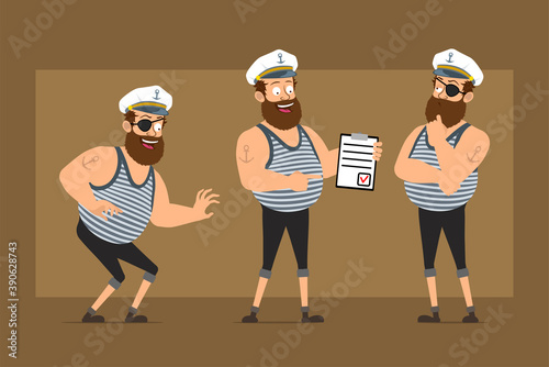 Cartoon flat funny bearded fat sailor man character in captain hat with tattoo. Boy sneaking, thinking and holding to do list with mark. Ready for animation. Isolated on brown background. Vector set.