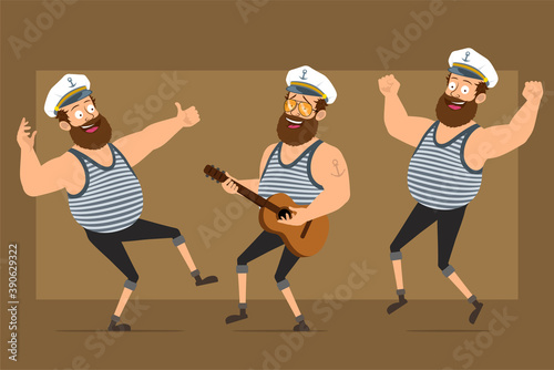 Cartoon flat funny bearded fat sailor man character in captain hat with tattoo. Boy playing on guitar and showing thumbs up sign. Ready for animation. Isolated on brown background. Vector set.