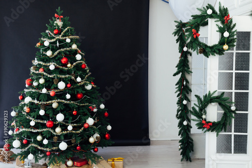 Christmas black interior Christmas tree holiday decor presents new year