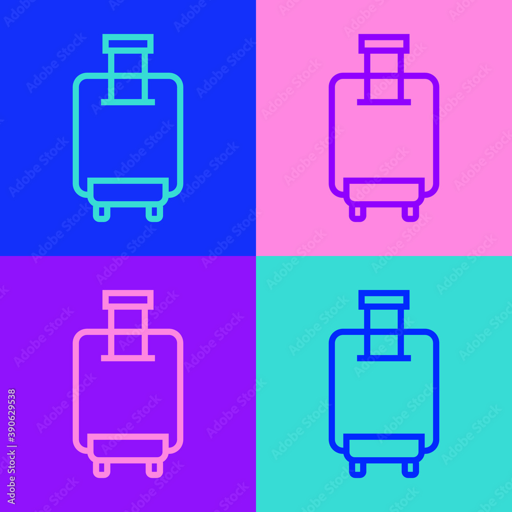 Pop art line Suitcase for travel icon isolated on color background. Traveling baggage sign. Travel luggage icon. Vector. Pop art line Suitcase for travel icon isolated on color background. Traveling baggage sign. Travel luggage icon. Vector.