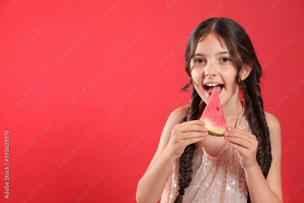 Cute little girl with watermelon on red background. Space for text Cute little girl with watermelon on red background. Space for text